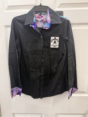 Thunderbird Brand Black Button-Down Shirt with Purple Floral Trim